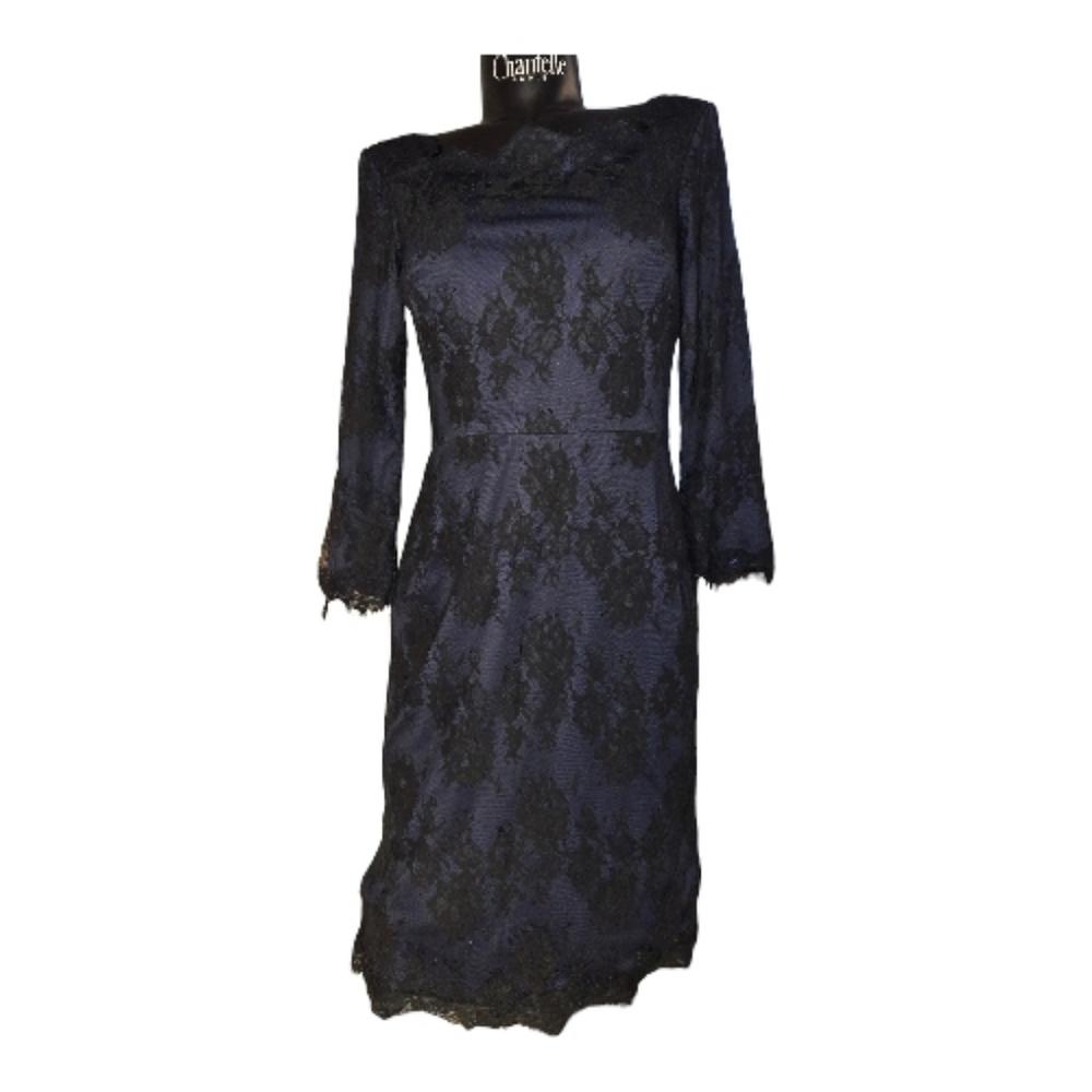 Tadashi Shoji Midi Dress In a Midnight Blue With Black Lace Overlay